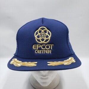 Vintage Disney Epcot Center Trucker Hat Navy Gold Leaf Mesh Snapback Cap